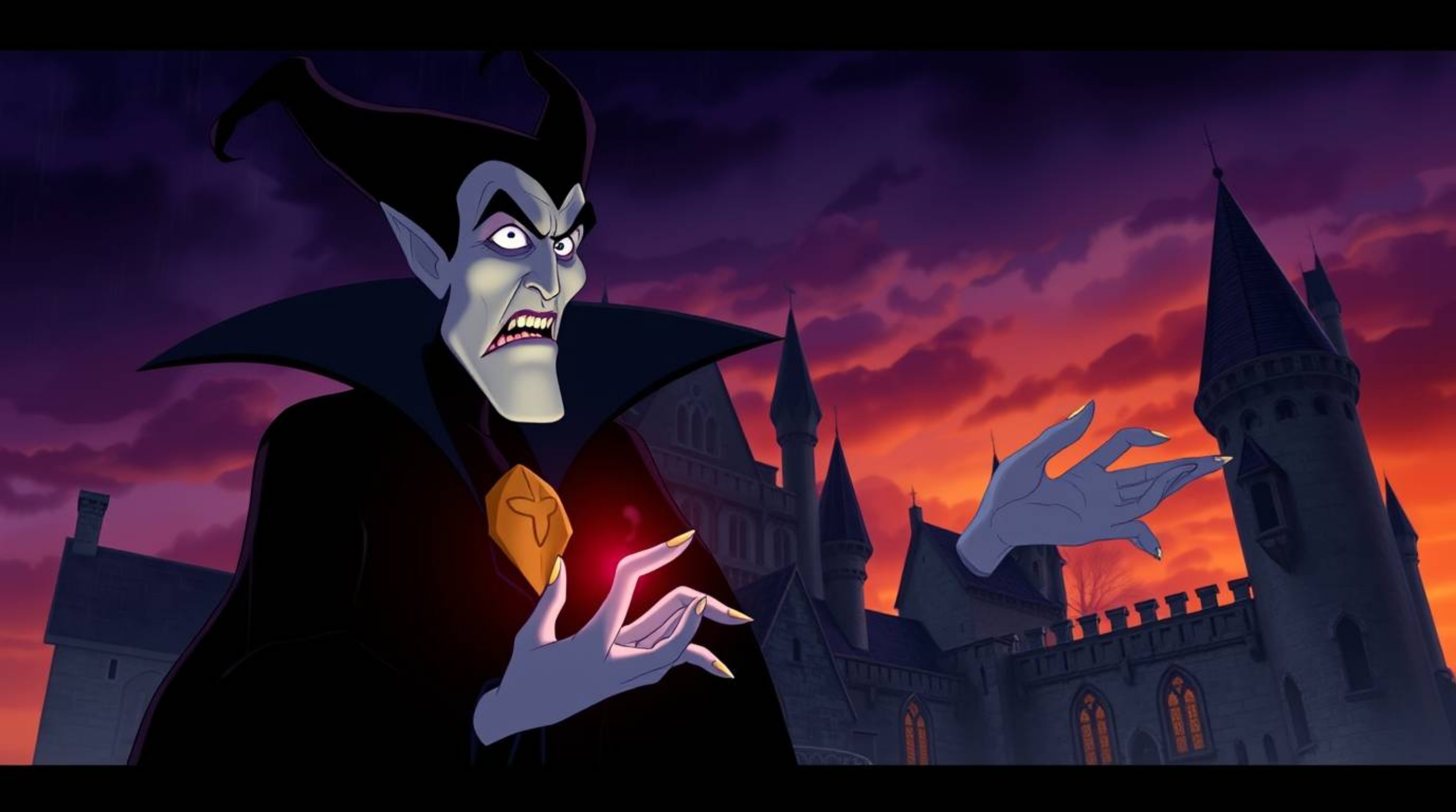 A classic Disney villain, with sharp features and pale skin, casts a spell within the ominous walls of an old, gothic castle.