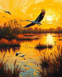 A bold acrylic painting depicting a warm Golden hour wetlands scene with herons in flight. This artwork is characterized by i