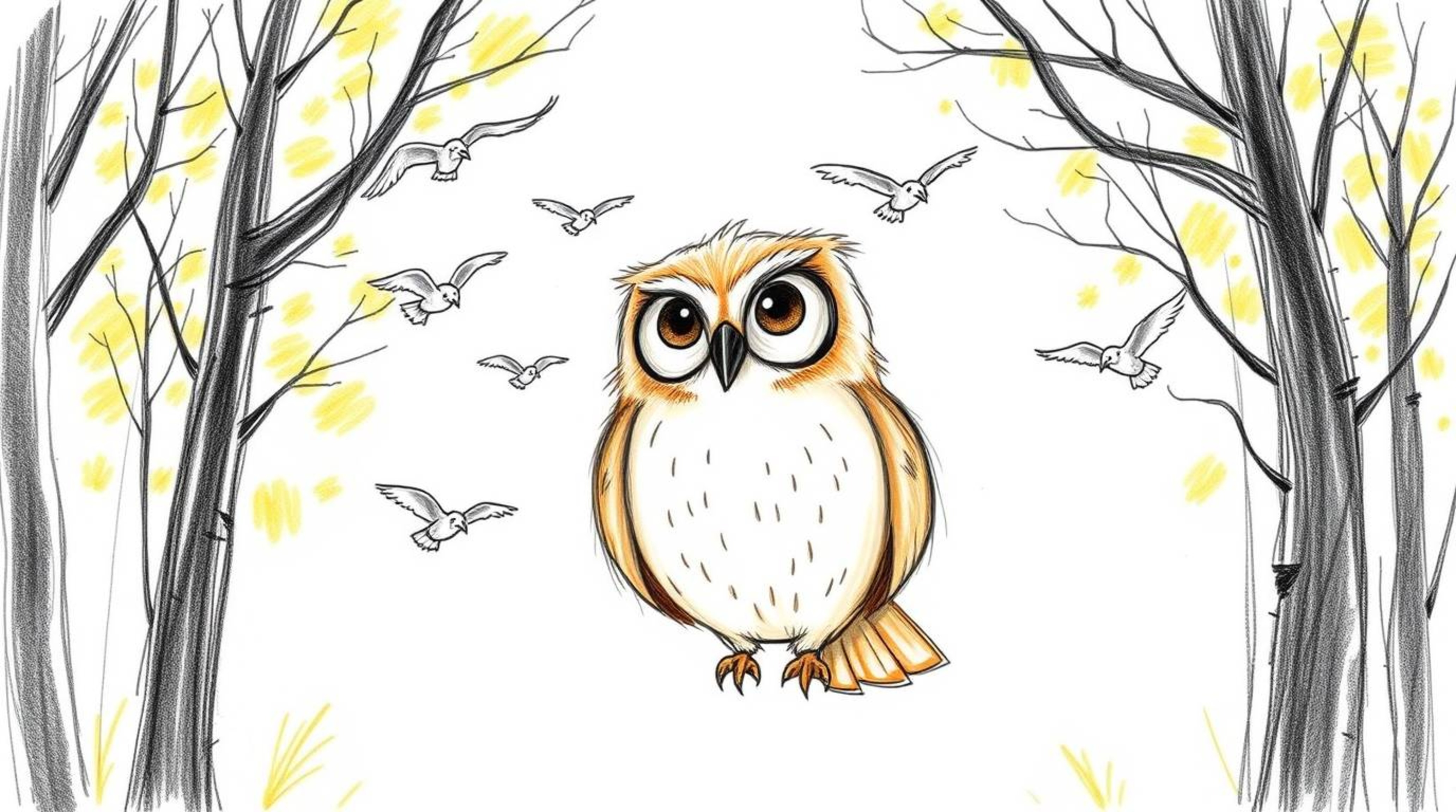 A heartwarming hand-drawn sketch in the style of Pixar, depicting a blind owl with soft, feathery plumage teaching a flock of