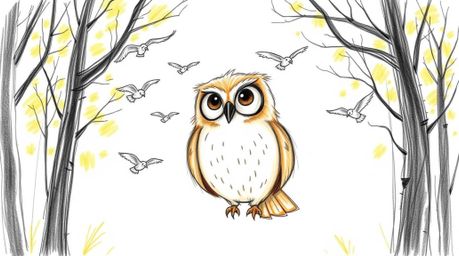 A heartwarming hand-drawn sketch in the style of Pixar, depicting a blind owl with soft, feathery plumage teaching a flock of
