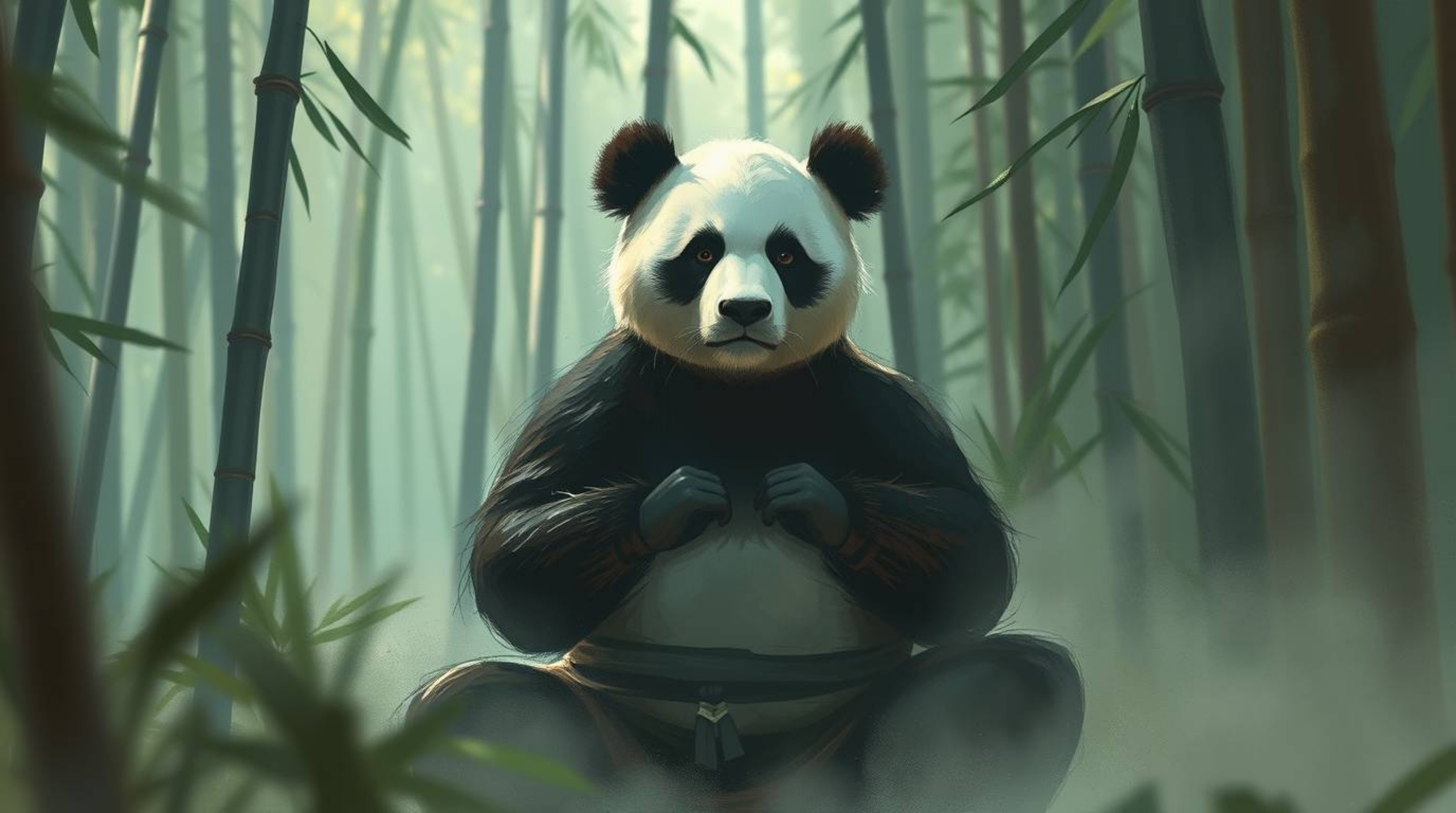 A captivating digital sketch showcases a martial artist panda in serene meditation amidst a hazy bamboo forest.  The soft, pa