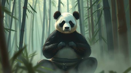 A captivating digital sketch showcases a martial artist panda in serene meditation amidst a hazy bamboo forest.  The soft, pa