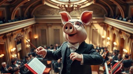 A whimsical high-angle photograph captures a pig character dramatically conducting an orchestra.  The image showcases precise