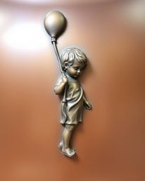 A captivating image showcasing a child holding a balloon, rendered in cast bronze with a stunning antique patina finish.  The