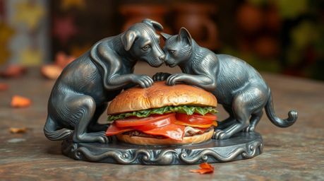 This cast bronze sculpture captures a playful tussle between a dog and a cat vying for possession of a large sandwich.  Rende