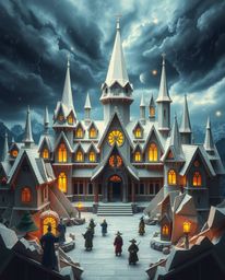 Step into a world of intricate origami magic with this stunning depiction of a magical school. Young wizards navigate a geome