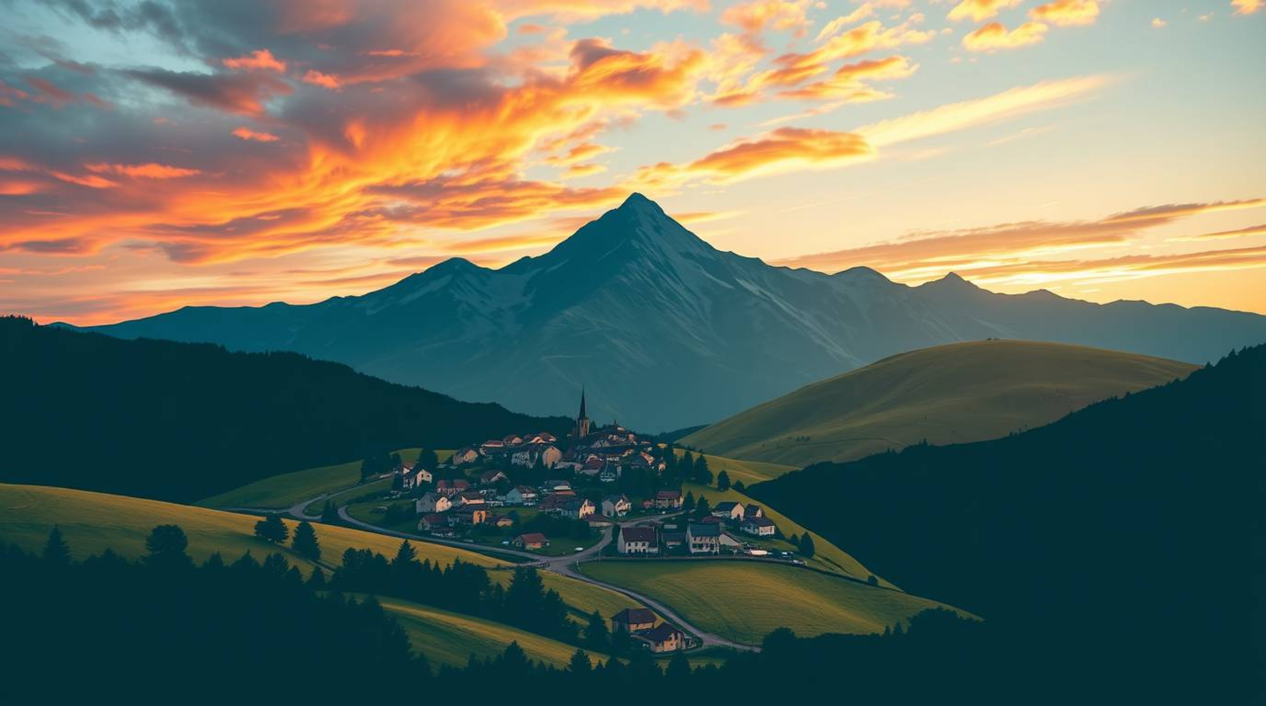 A captivating logo design showcases a cozy village nestled in a picturesque valley, bathed in the light of a vibrant, colorfu