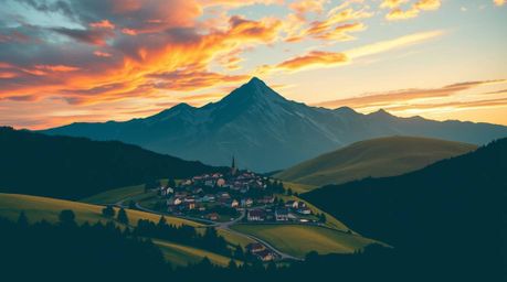A captivating logo design showcases a cozy village nestled in a picturesque valley, bathed in the light of a vibrant, colorfu