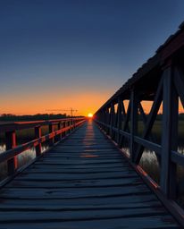 A digital painting depicts an old wooden bridge at sunset, featuring a unique design where the structure is distinctly split 