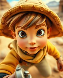 Dive into a dreamlike, surreal desert adventure featuring an extreme macro close-up of a brave Disney-style hero.  This fanta
