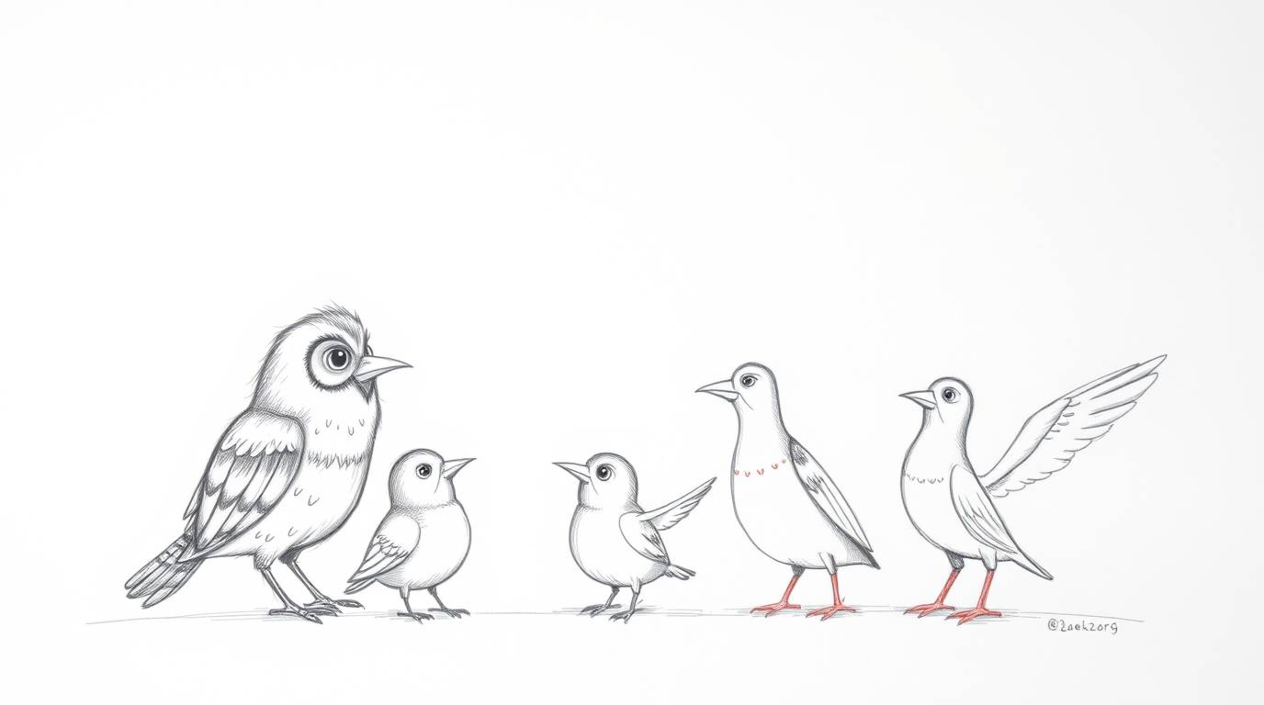 A heartwarming hand-drawn sketch in Pixar style depicts a blind owl with kind eyes guiding a diverse group of birds as they s