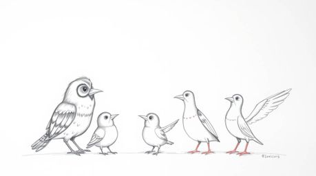 A heartwarming hand-drawn sketch in Pixar style depicts a blind owl with kind eyes guiding a diverse group of birds as they s