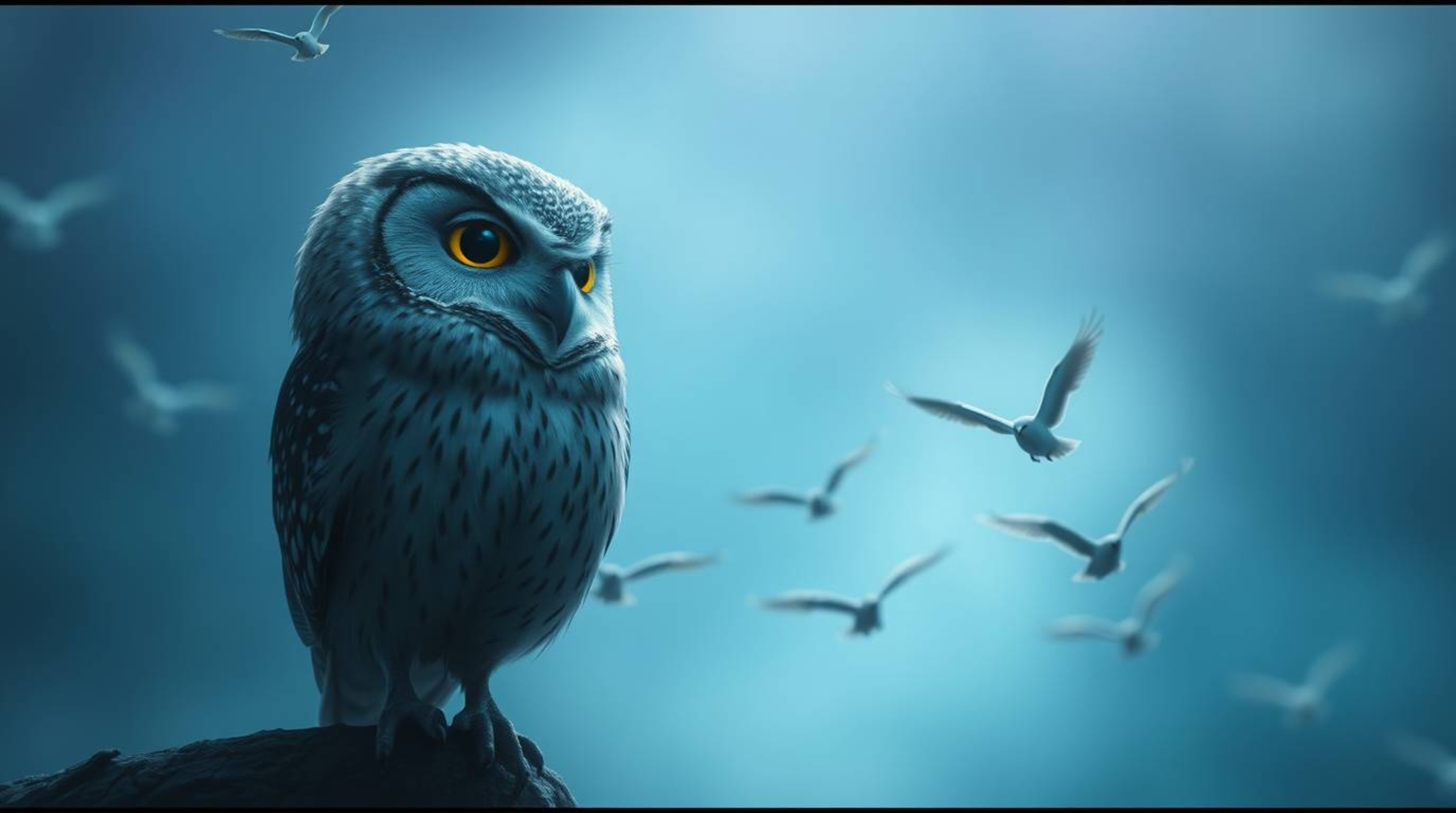 This cinematic long exposure photo captures a mystical scene of a kind, blind owl, rendered in a heartwarming Pixar style. It