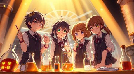 A captivating Isekai-style anime illustration showcases quirky children in school uniforms conducting whimsical experiments. 