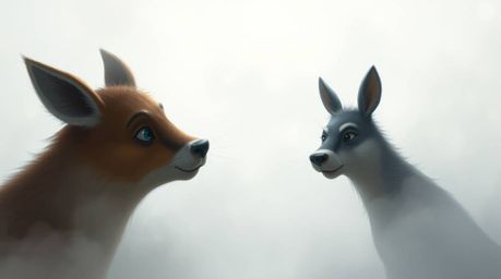 A captivating digital painting depicts two sharply focused, talking animals causing playful mischief within a thick, foggy en