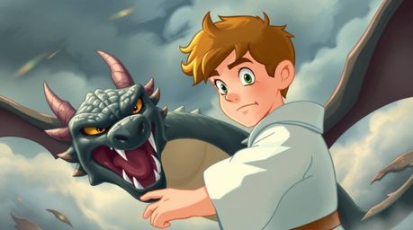 A captivating image in the style of 1950s animation depicts a charming prince with determined features battling a fierce drag