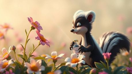 A charming cartoon skunk gently sprays perfume on delicate flowers, brought to life with a soft cinematic haze that envelops 