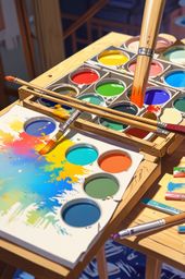 A vibrant artist's palette laden with colorful oil paints sits poised atop a sturdy wooden easel, beckoning creation upon the