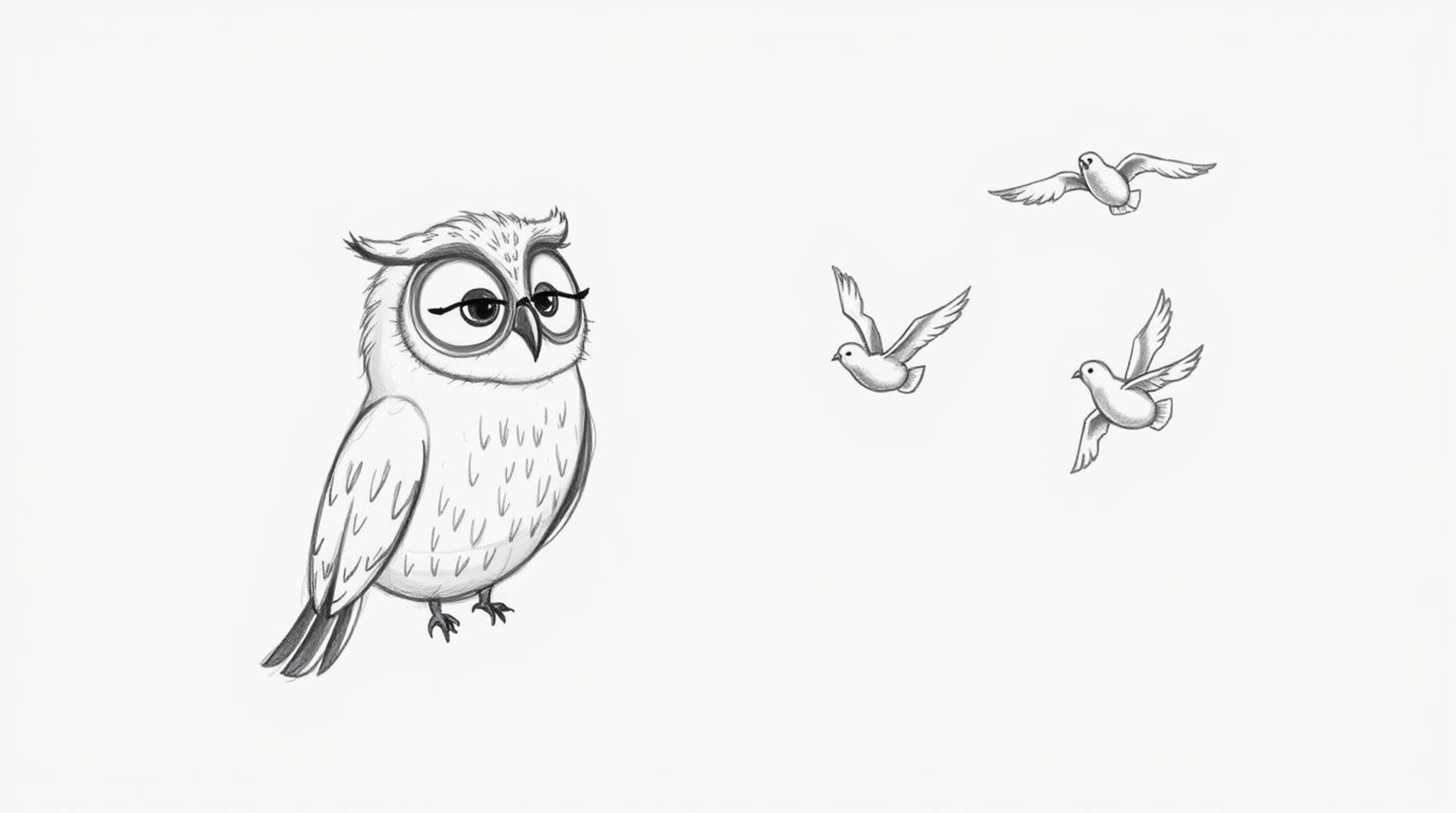 A whimsical, hand-drawn sketch in the style of Pixar depicts a blind owl, rendered in grayscale against a clean white backgro