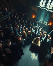 A captivating high-angle professional photograph showcasing a magical school teeming with young wizards. The image is charact