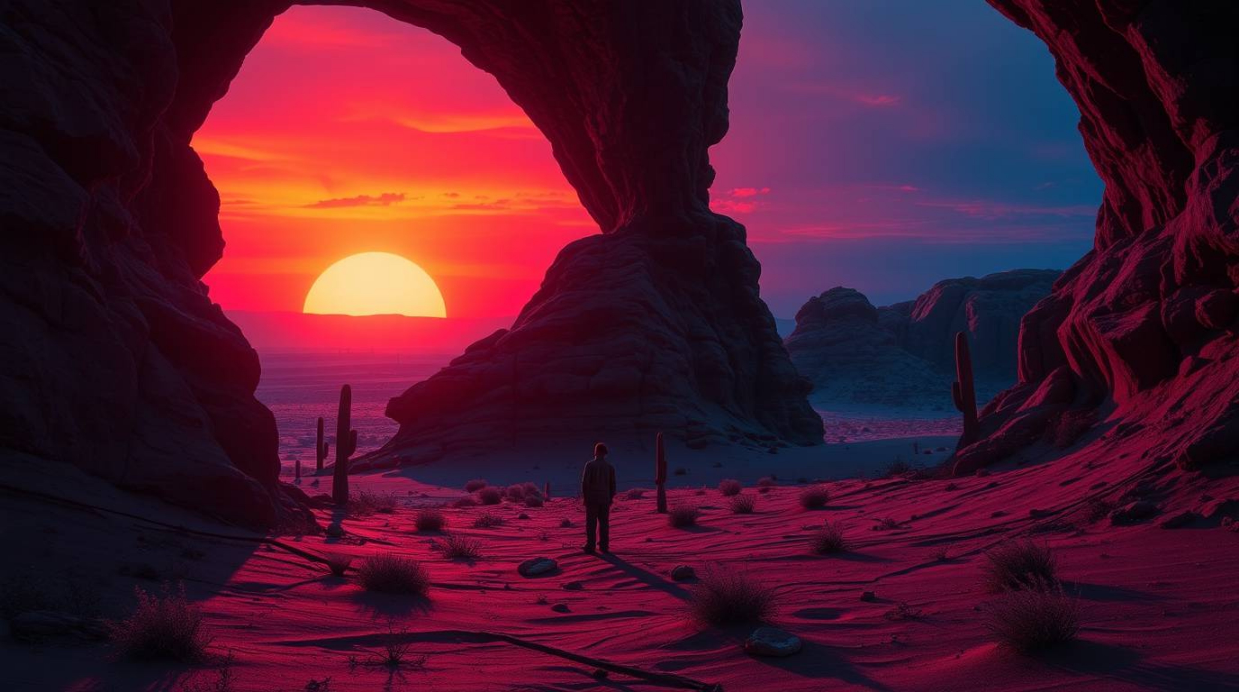 Experience a surreal and cinematic desert sunset framed by a natural rock arch. Rich burgundy and deep blue hues paint the sk