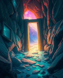 Discover a breathtaking digital painting featuring an ancient doorway embedded within a majestic mountain, illuminated by glo