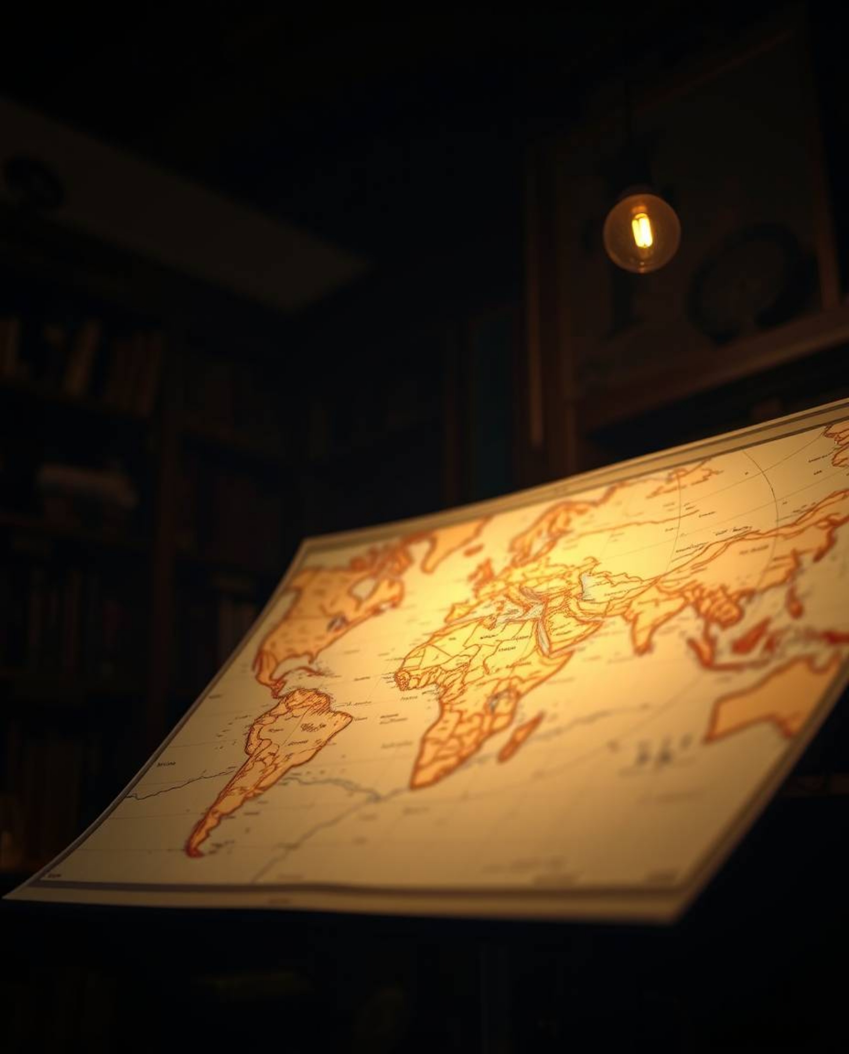 A captivating close-up reveals a luminous map projected in the air within a dimly lit, antique study. The intricate details o