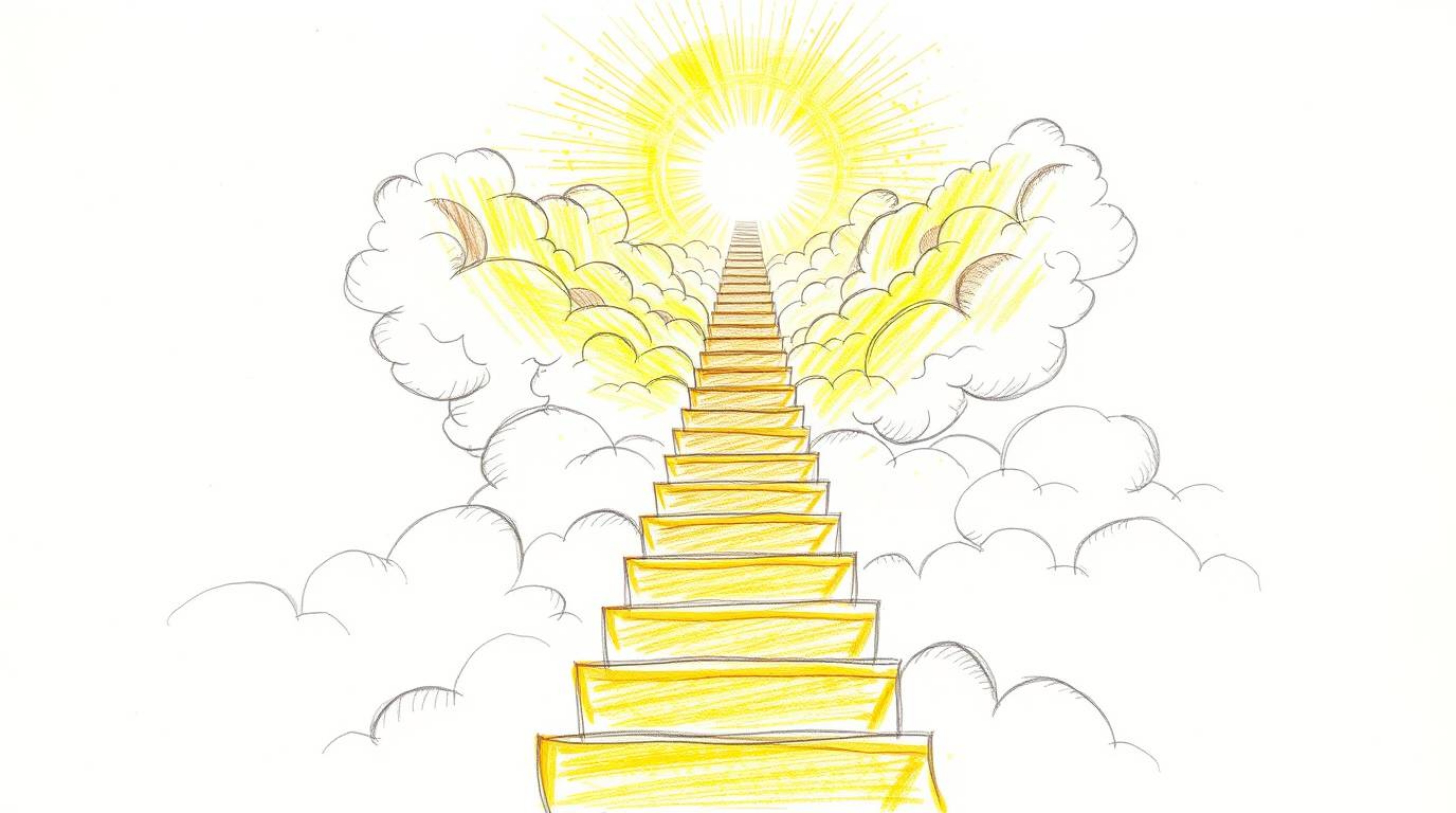 A hand-drawn sketch depicts a golden staircase ascending through clouds towards a glowing heavenly realm.  The image evokes a