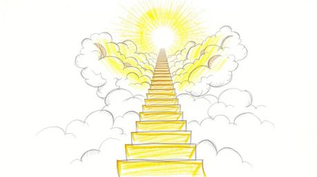 A hand-drawn sketch depicts a golden staircase ascending through clouds towards a glowing heavenly realm.  The image evokes a