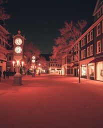 An empty town square bathed in surreal infrared tones, illuminated by warm candlelight and flickering flames, creating an oth