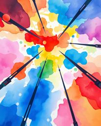 This vibrant watercolor painting captures a dynamic low-angle perspective, drawing the eye upwards.  Complimentary colors are