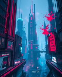 A captivating architectural photograph showcasing a futuristic cyberpunk cityscape.  The image is rich with vibrant burgundy 