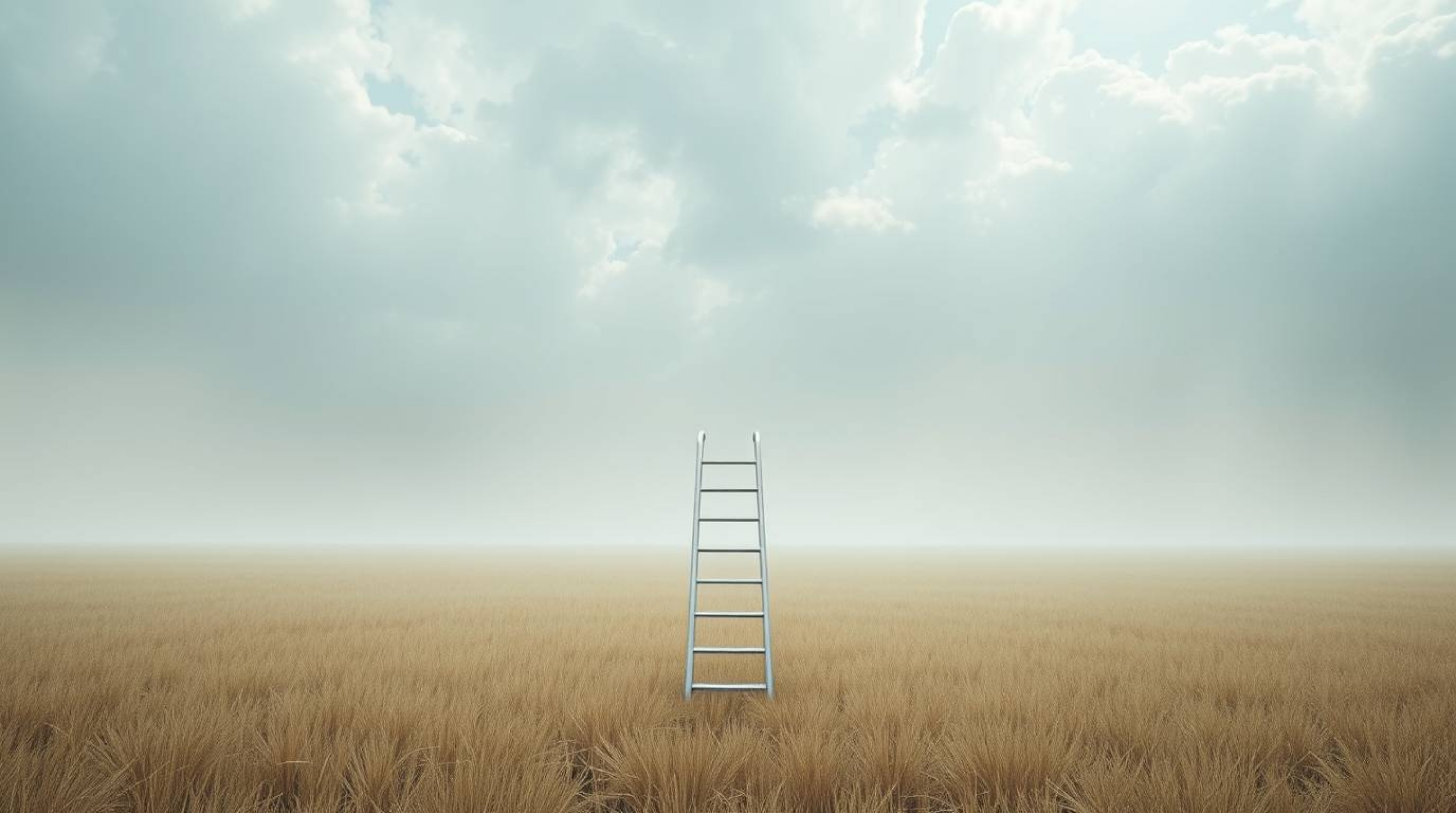 A minimalist scene featuring a silver ladder in a soft, dreamy, hazy open field under a wide cloudy sky evokes an abstract me