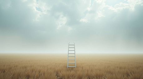 A minimalist scene featuring a silver ladder in a soft, dreamy, hazy open field under a wide cloudy sky evokes an abstract me