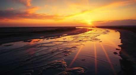 A captivating photorealistic image of a river delta bathed in the warm glow of twilight.  A bright lens flare adds a bronze p