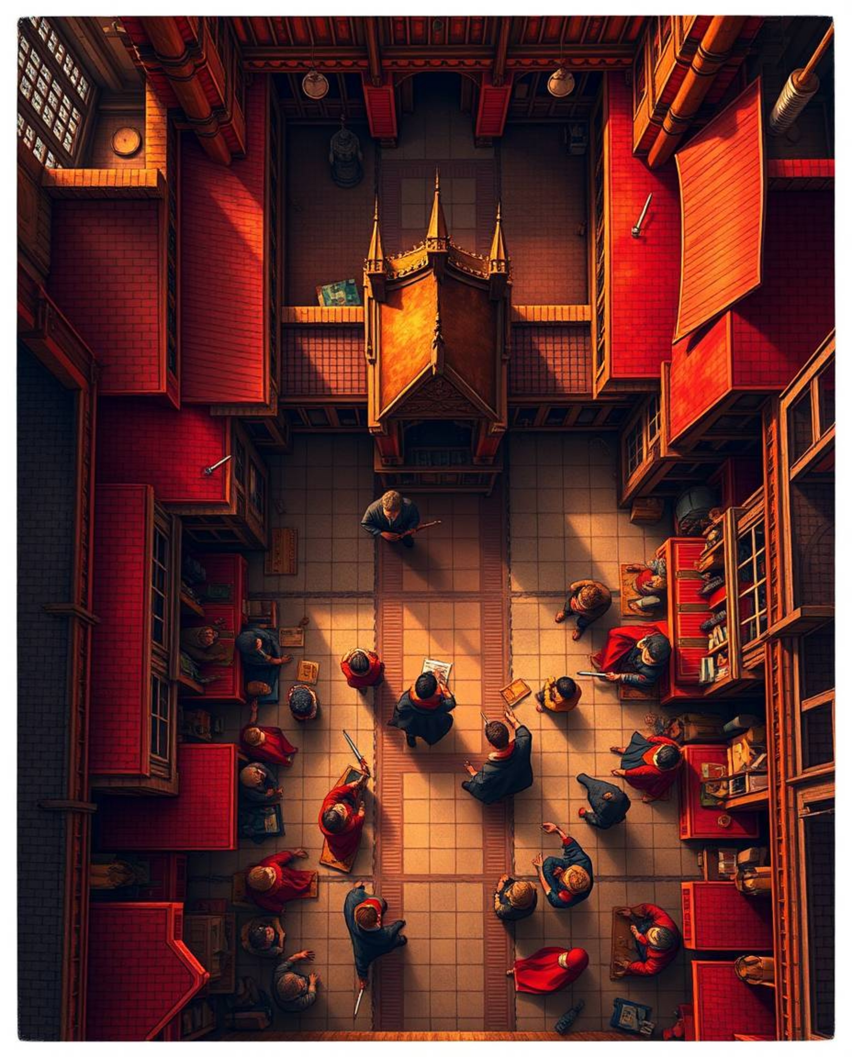 Capture the enchanting essence of a magical school brimming with young wizards through a warm, overhead bird's-eye view. This