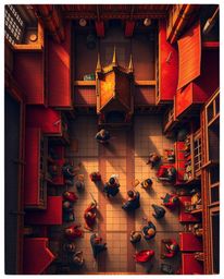 Capture the enchanting essence of a magical school brimming with young wizards through a warm, overhead bird's-eye view. This