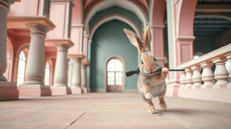 Witness a precise architectural color photograph capturing a wacky rabbit outrunning a hunter in a scene filled with slapstic