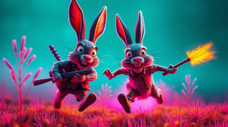 Experience a whimsical and hilarious scene featuring a wacky rabbit with exaggerated features outrunning a clumsy hunter in a