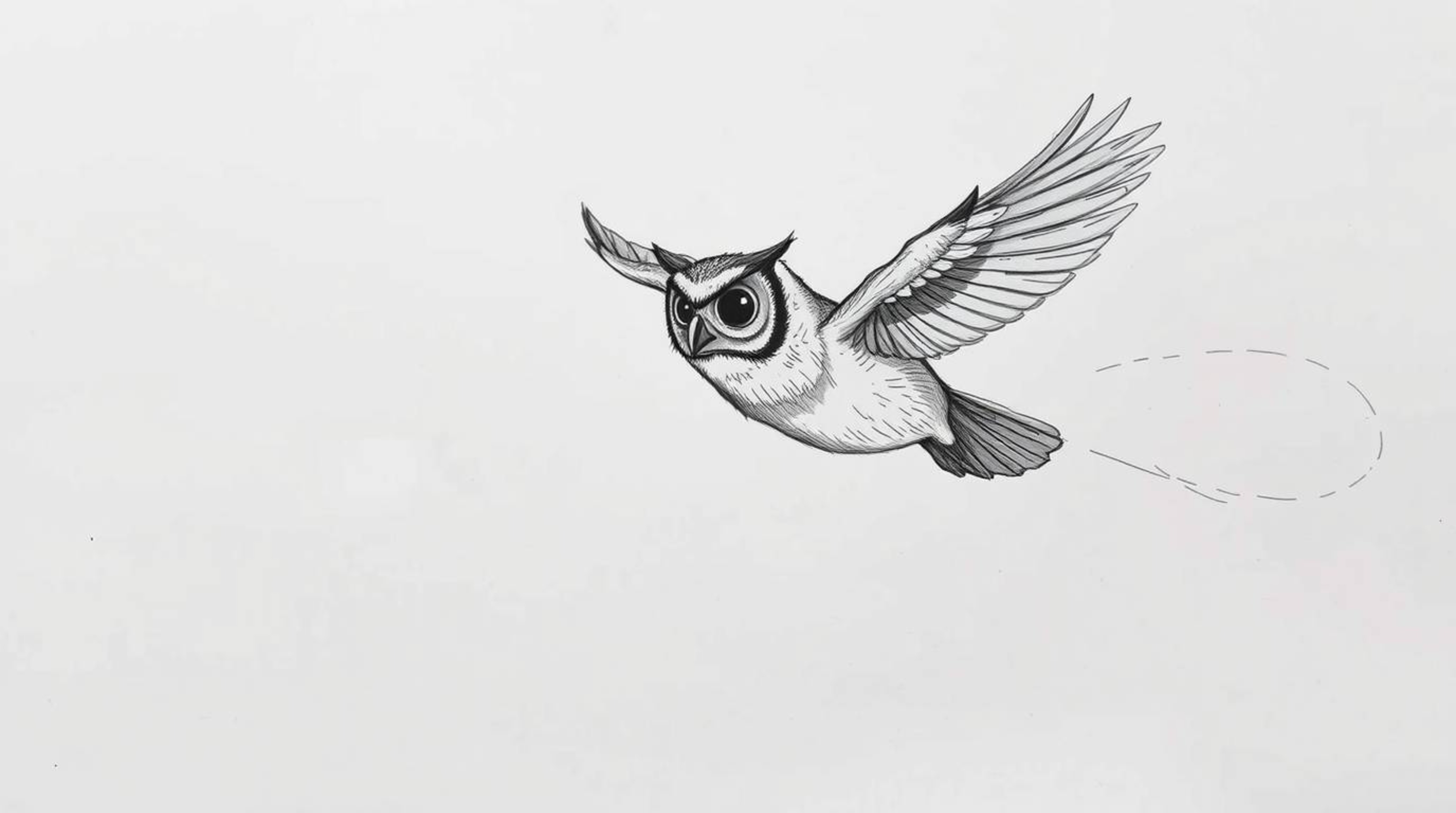 A charming hand-drawn sketch in the style of Pixar captures a blind owl mid-flight, gracefully teaching birds how to fly.  Th