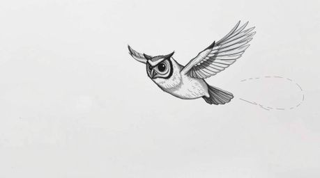 A charming hand-drawn sketch in the style of Pixar captures a blind owl mid-flight, gracefully teaching birds how to fly.  Th