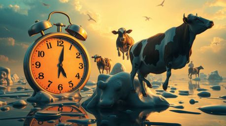 Explore a surreal dreamscape where melting clocks defy time and floating cows drift serenely in the sky. Bathed in the warm g