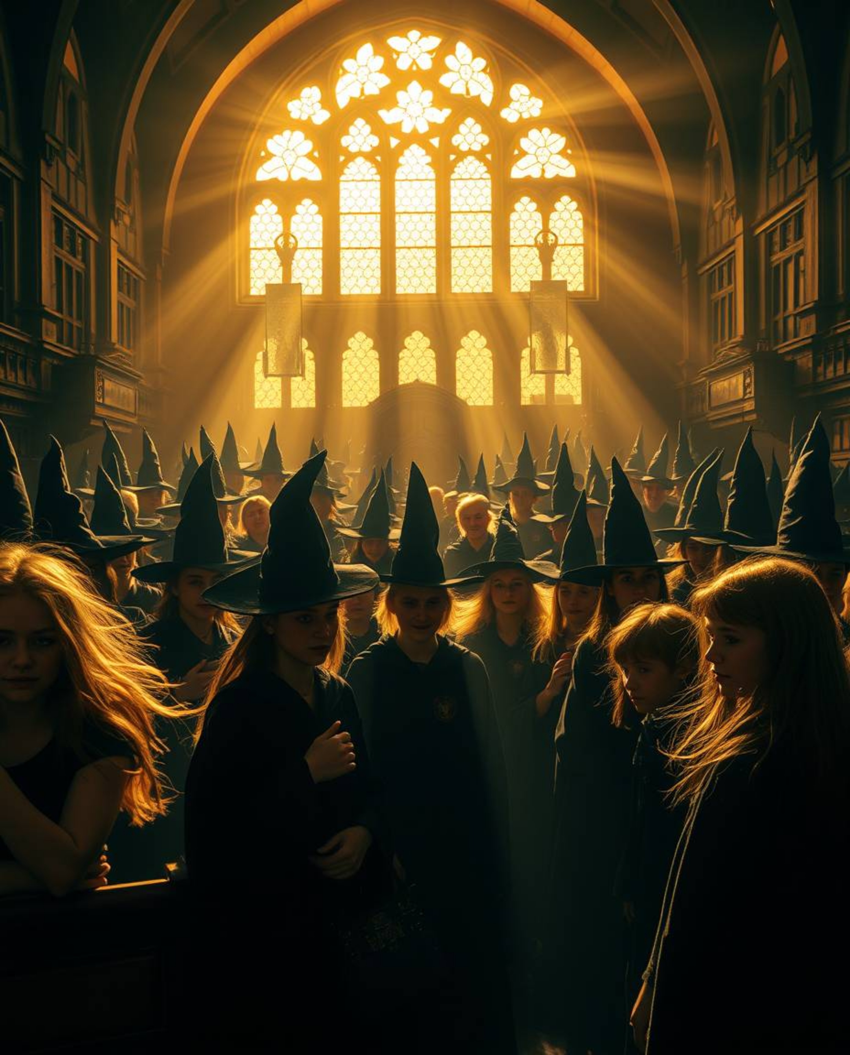 Immerse yourself in a magical school teeming with young wizards, bathed in a warm, golden glow. This scene showcases strong h