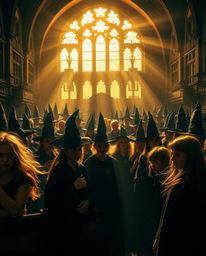 Immerse yourself in a magical school teeming with young wizards, bathed in a warm, golden glow. This scene showcases strong h