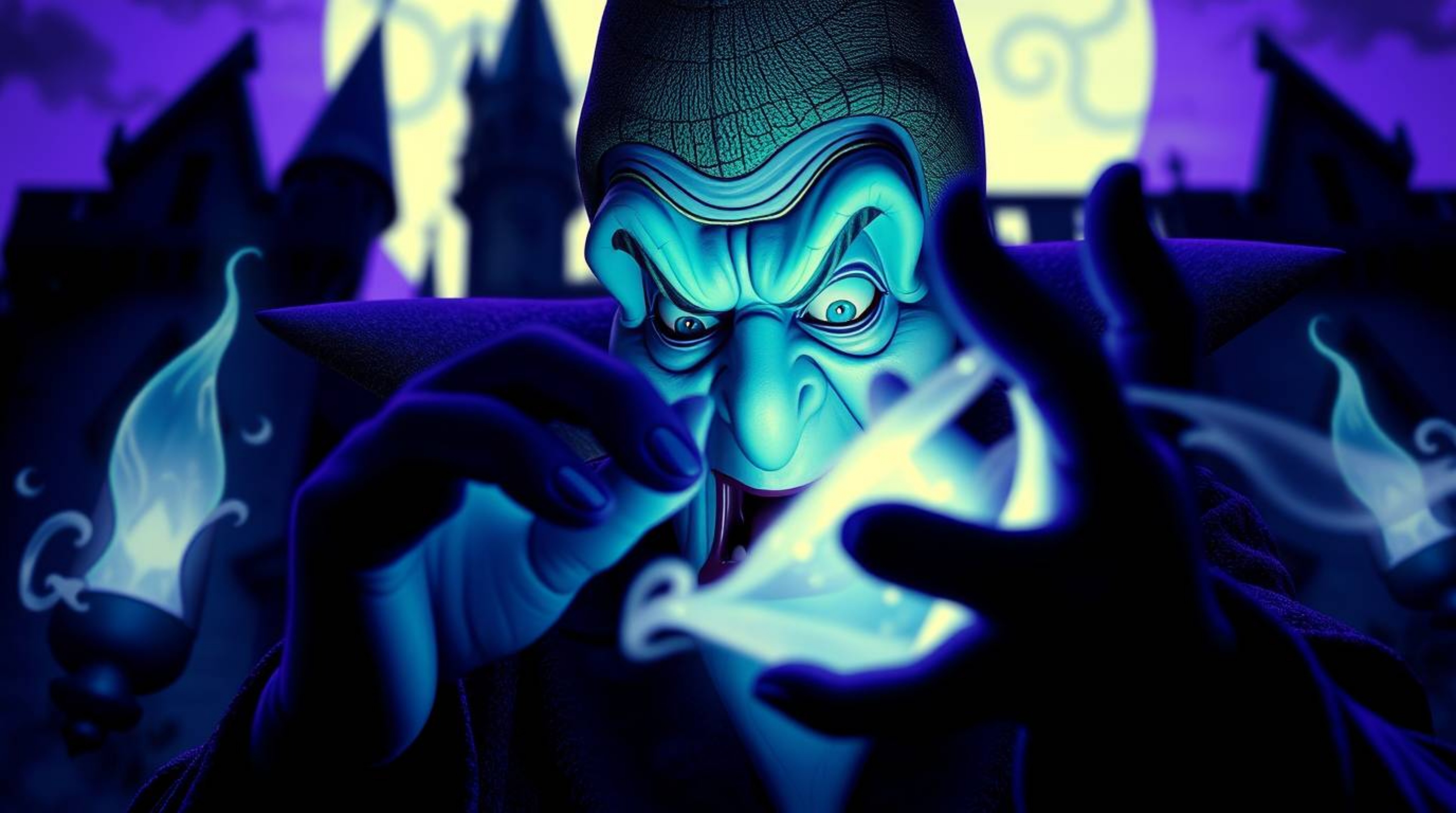 An extreme close-up, rendered in deep ultraviolet hues, showcases a classic Disney villain casting a spell within the ancient