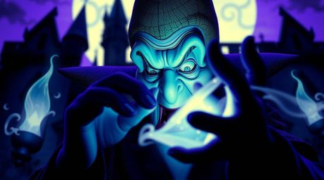 An extreme close-up, rendered in deep ultraviolet hues, showcases a classic Disney villain casting a spell within the ancient