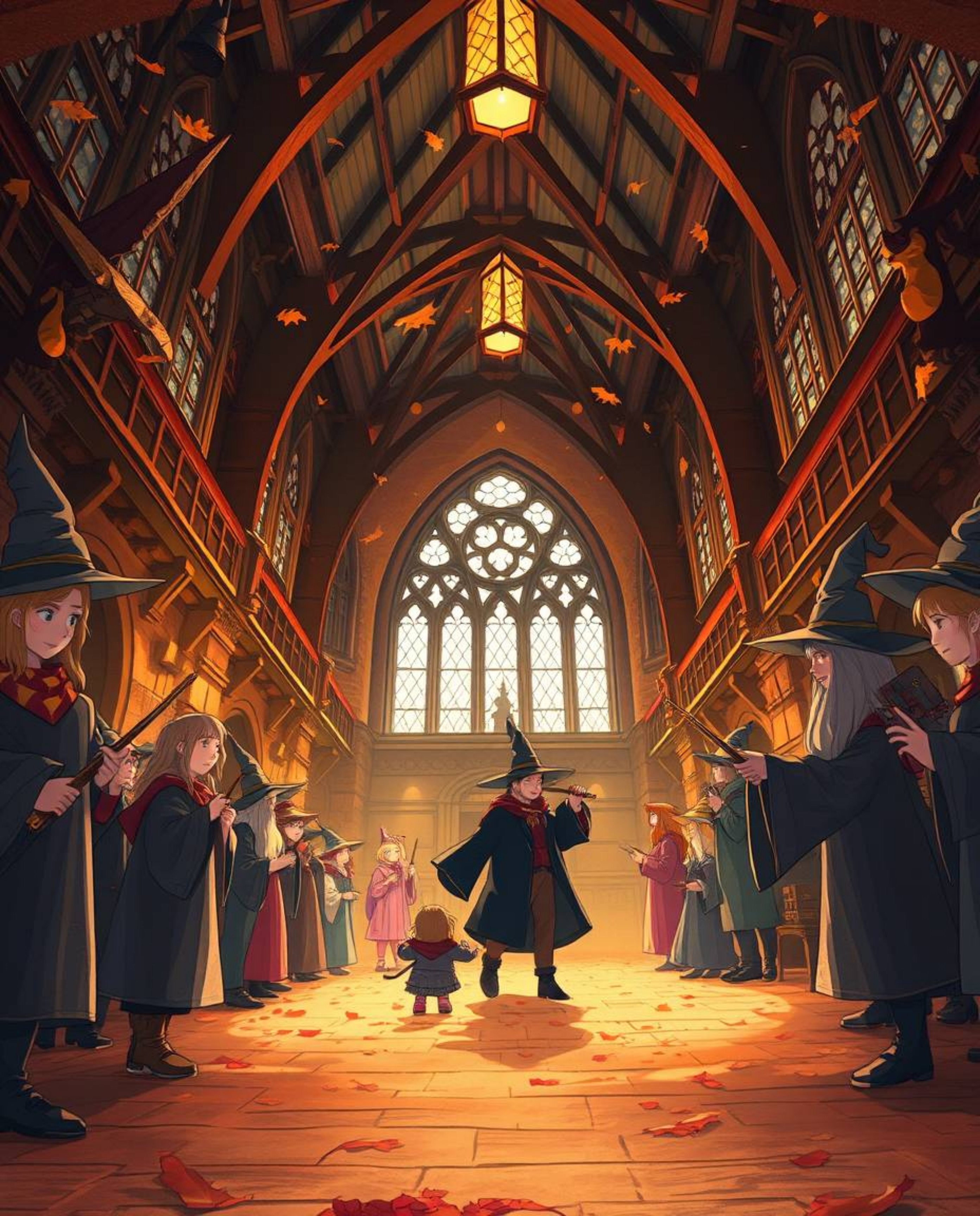 A captivating low-angle illustration depicts a magical school brimming with young wizards, bathed in warm autumn hues.  The e