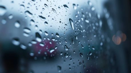 A tight close-up shot captures a wet and rainy scene featuring a glass object reflecting smooth gradient textures under a dri