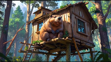 In a whimsical scene that blends the styles of Pixar and anime, a beaver is featured with the perfect treehouse it has built 