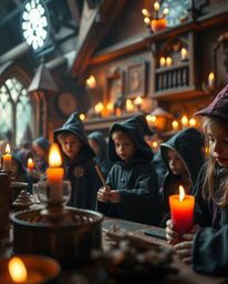 An extreme macro photograph captures the enchanting detail of a magical school brimming with young wizards.  Warm candlelight